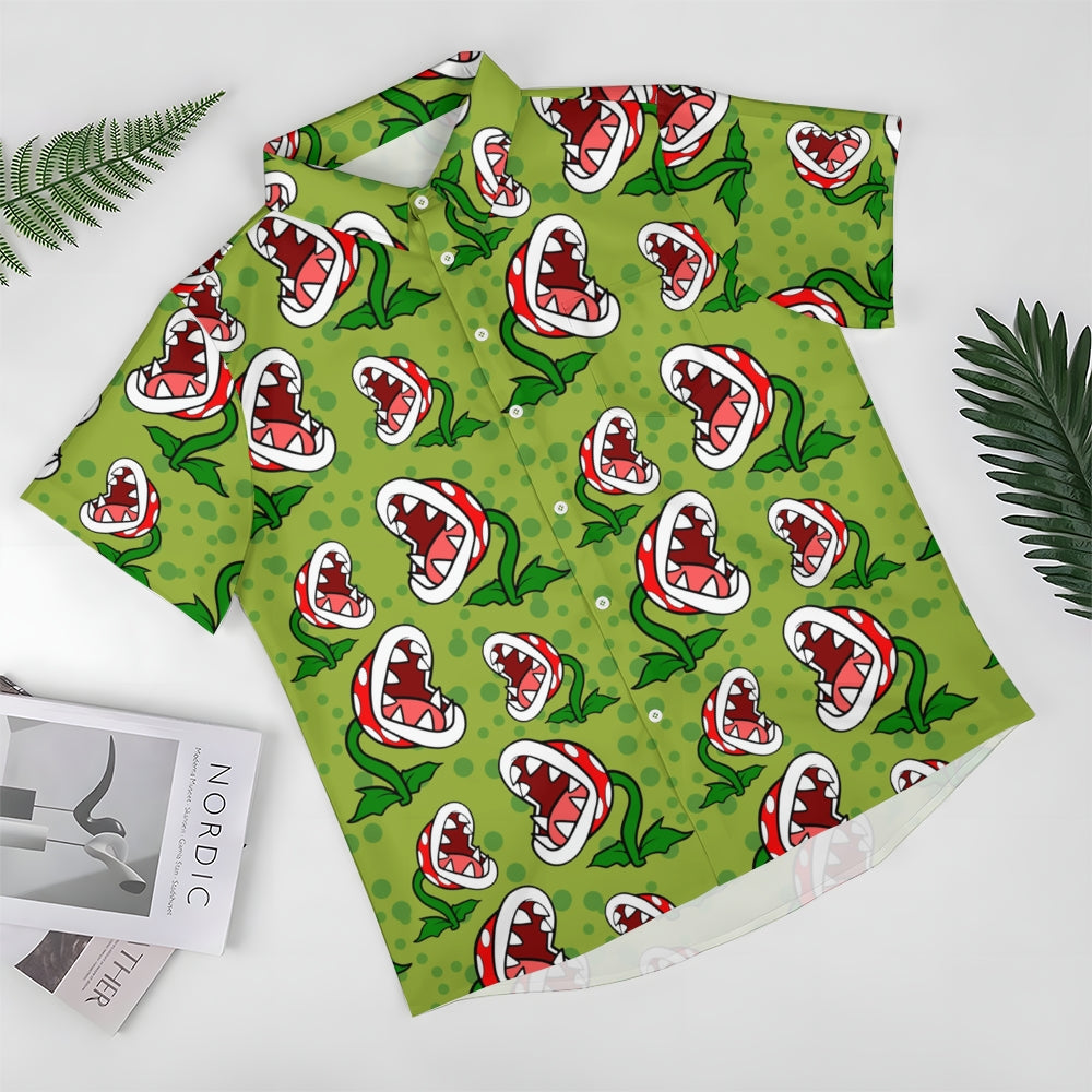 Green Cartoon Piranha Flowers Printing Short Sleeve Shirt 2411001827