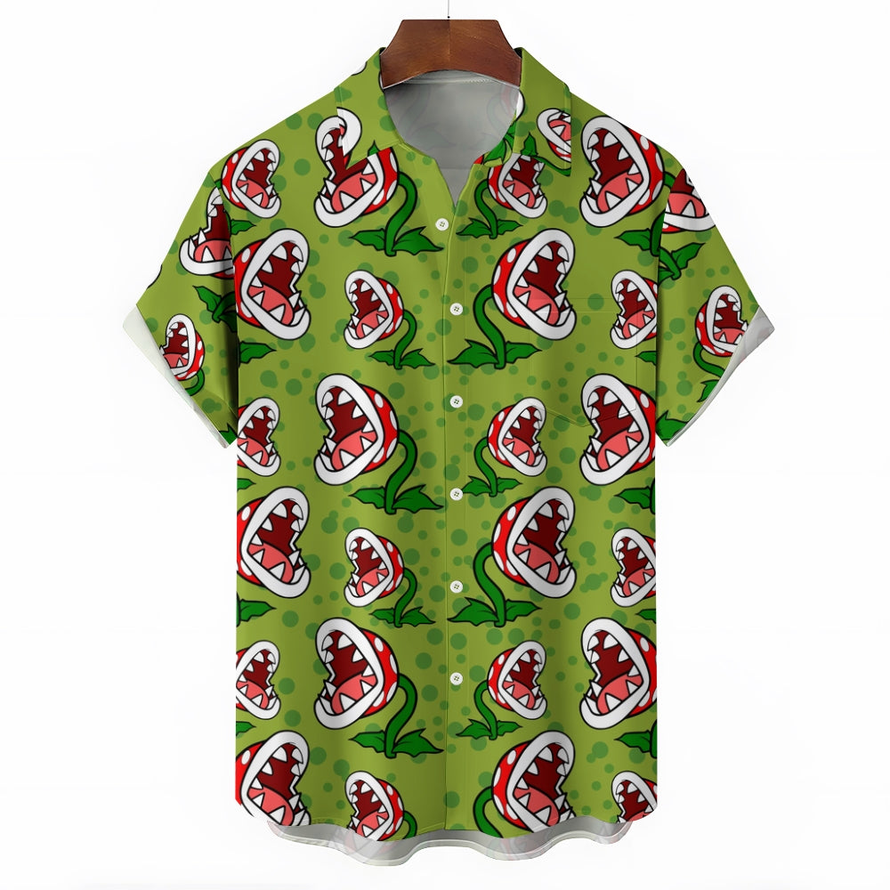 Green Cartoon Piranha Flowers Printing Short Sleeve Shirt 2411001827