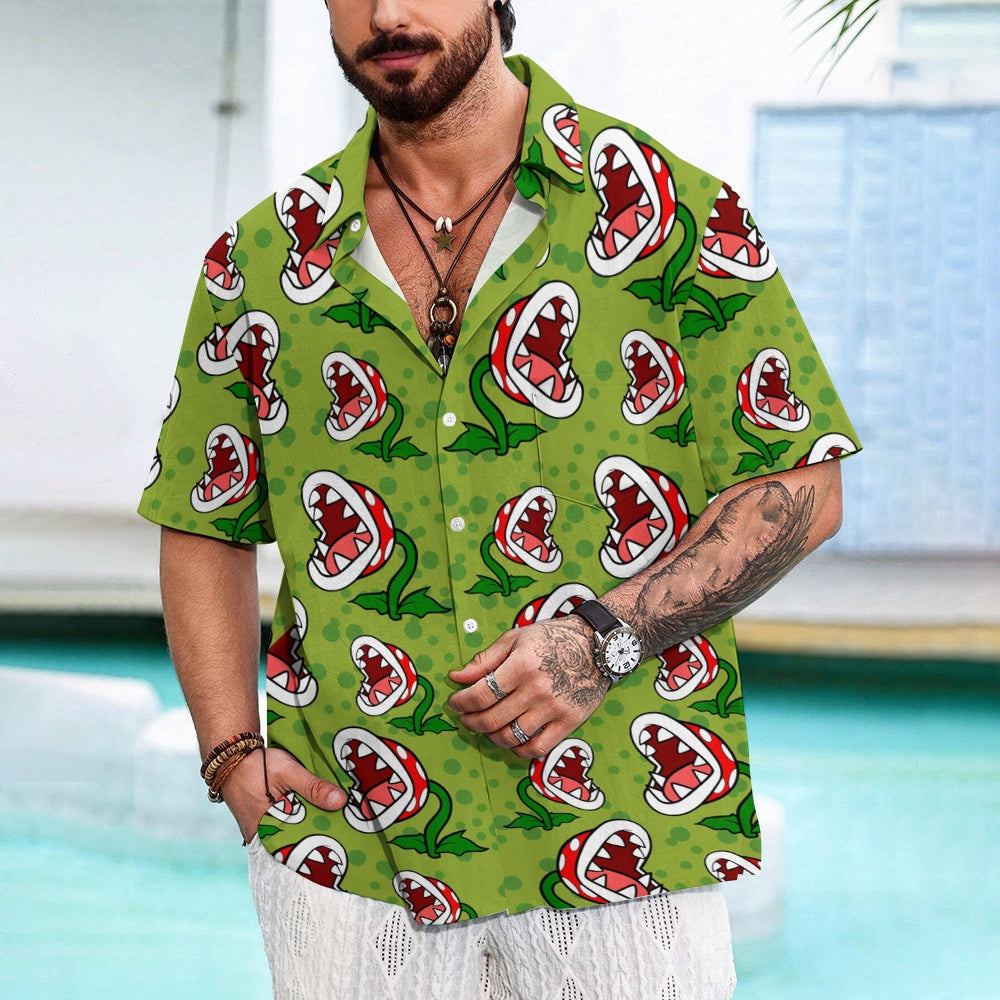 Green Cartoon Piranha Flowers Printing Short Sleeve Shirt 2411001827