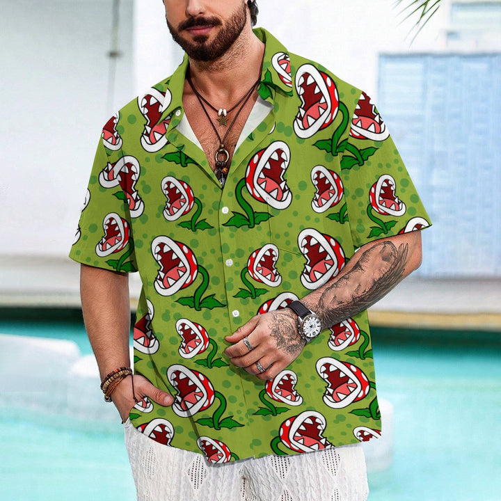 Green Cartoon Piranha Flowers Printing Short Sleeve Shirt 2411001827