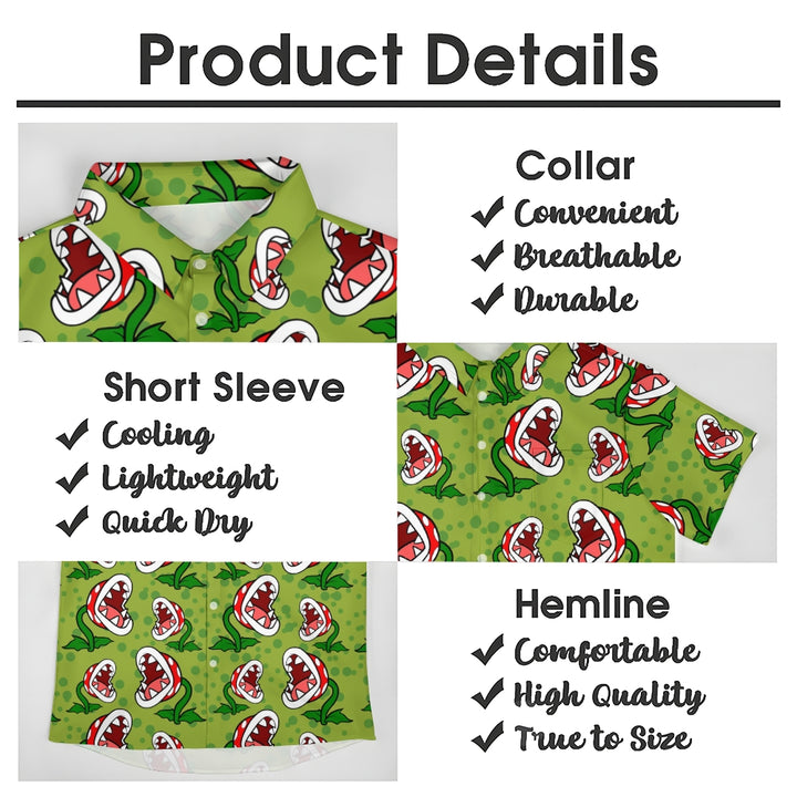 Green Cartoon Piranha Flowers Printing Short Sleeve Shirt 2411001827