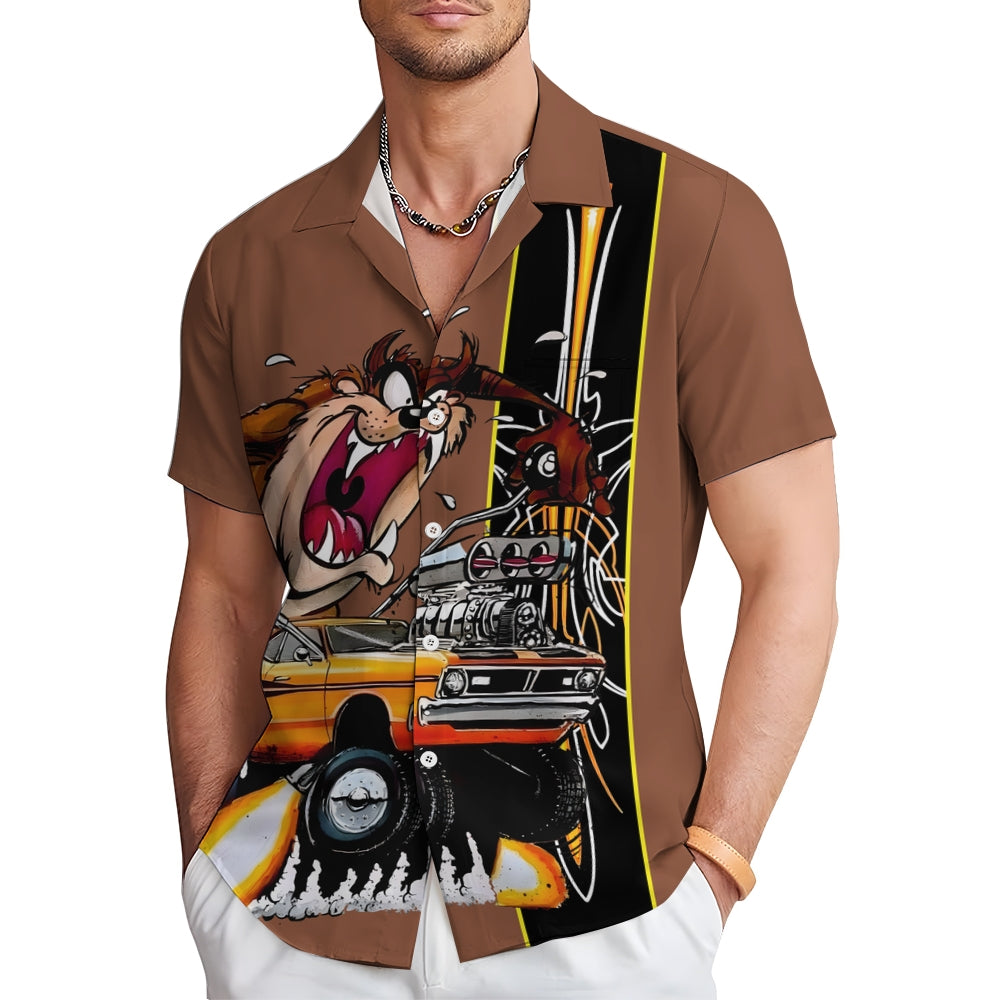 Men's Classic Cartoon Modified Car Pinstripe Contrast Short Sleeve Shirt 2411001857