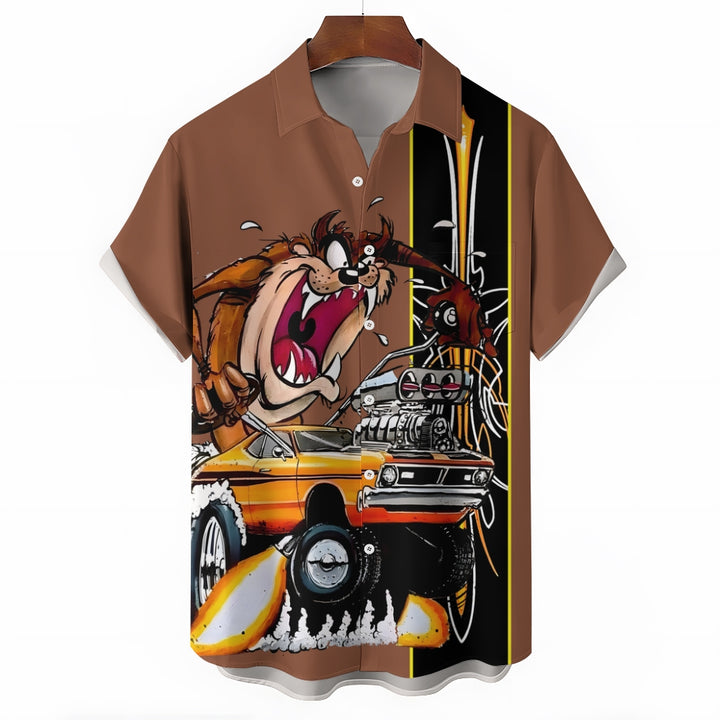 Men's Classic Cartoon Modified Car Pinstripe Contrast Short Sleeve Shirt