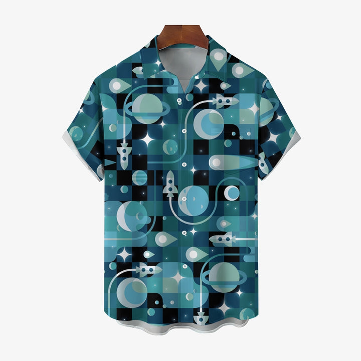 Planet And Rocket Geometric Print Casual Short Sleeve Shirt 2402000308