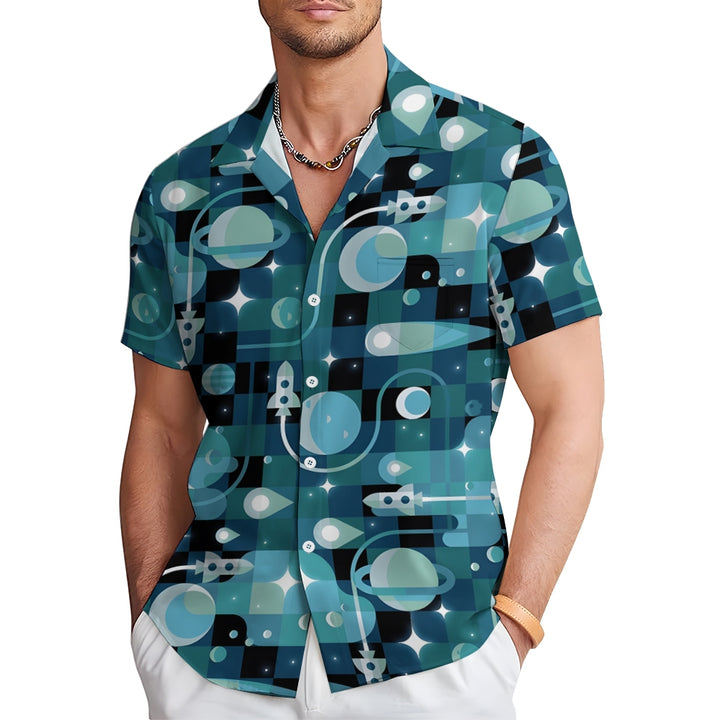 Planet And Rocket Geometric Print Casual Short Sleeve Shirt 2402000308