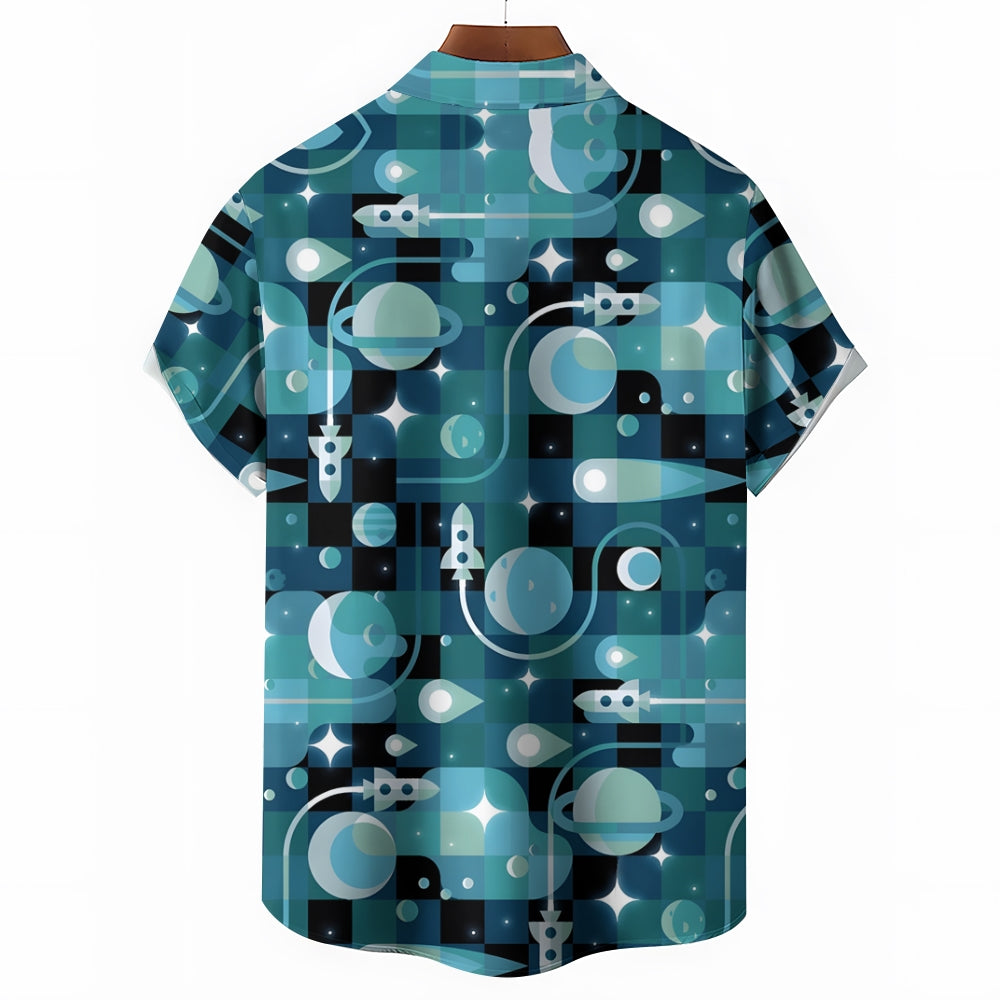 Planet And Rocket Geometric Print Casual Short Sleeve Shirt 2402000308