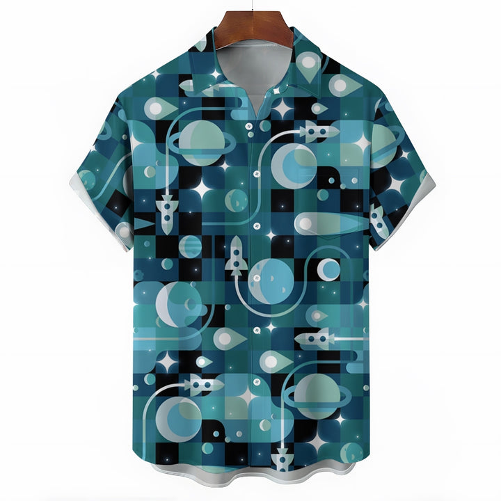 Planet And Rocket Geometric Print Casual Short Sleeve Shirt 2402000308