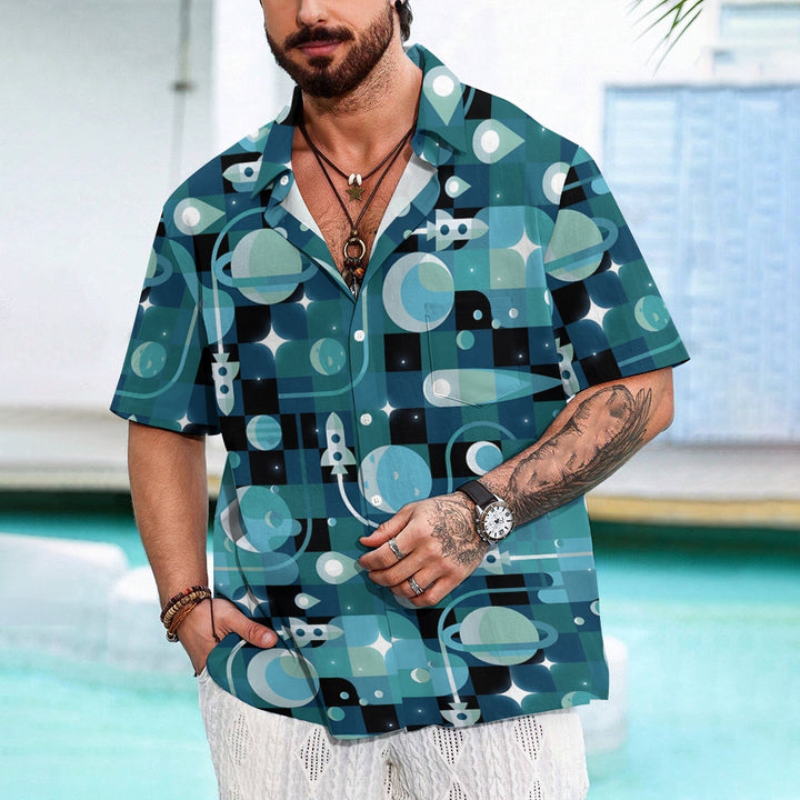 Planet And Rocket Geometric Print Casual Short Sleeve Shirt 2402000308