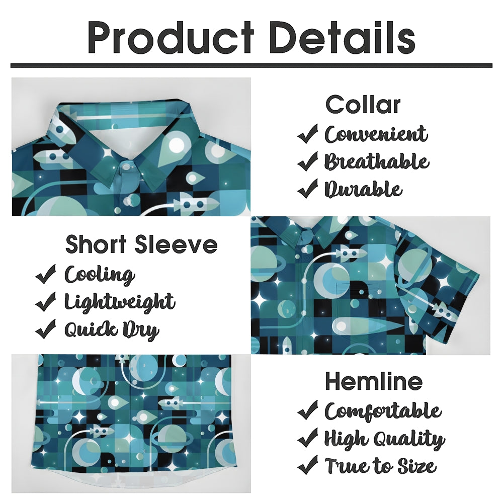 Planet And Rocket Geometric Print Casual Short Sleeve Shirt 2402000308