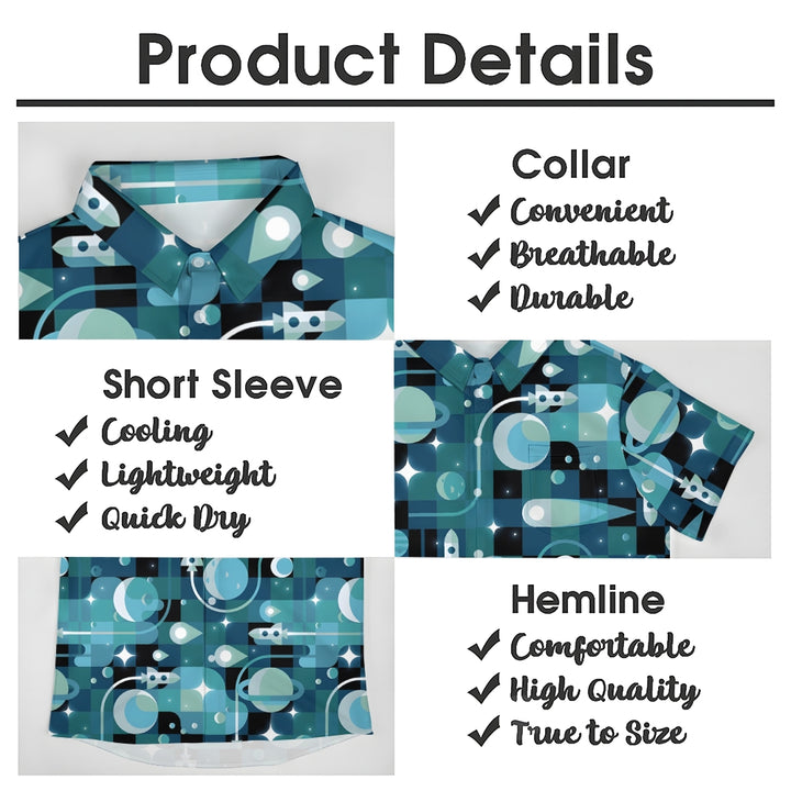 Planet And Rocket Geometric Print Casual Short Sleeve Shirt 2402000308