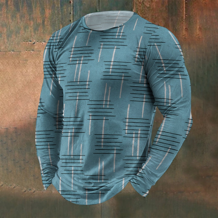 Men's Crew Neck Vintage Texture Stripe Print Long Sleeve T-Shirt 2411002550