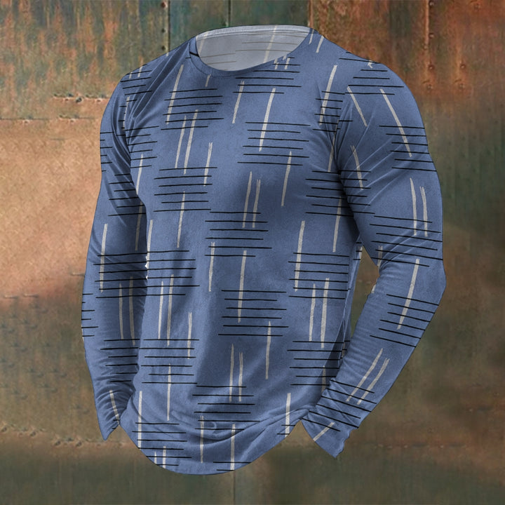 Men's Crew Neck Vintage Texture Stripe Print Long Sleeve T-Shirt 2411002550