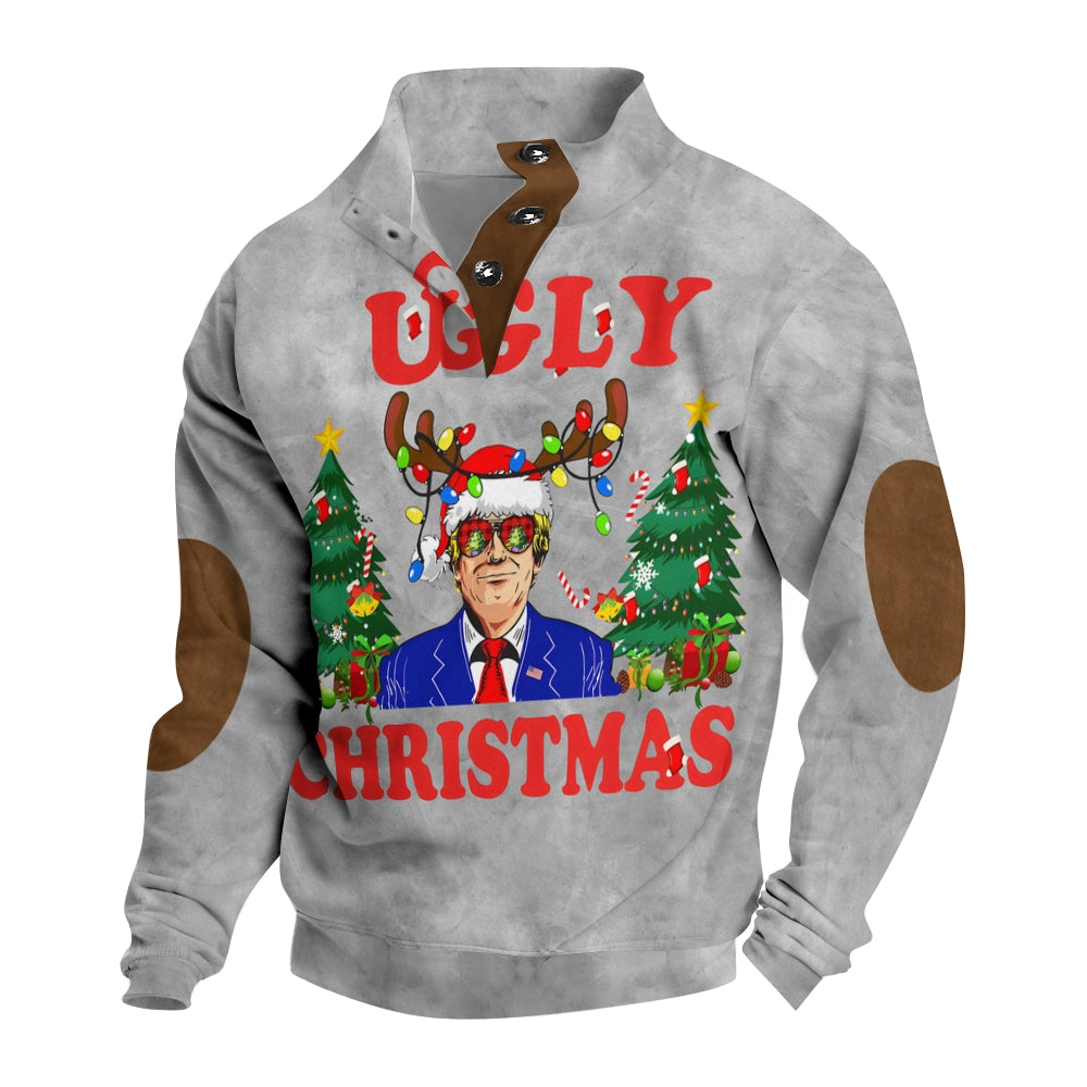 Men's Button Christmas Trump Antlers Lights Printed Casual Long Sleeve Sweatshirt 2411003814