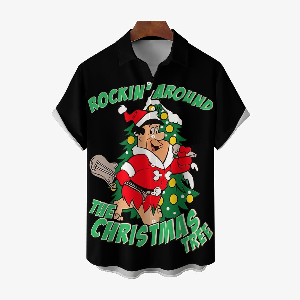 Retro Comic Christmas Print Short Sleeve Shirt