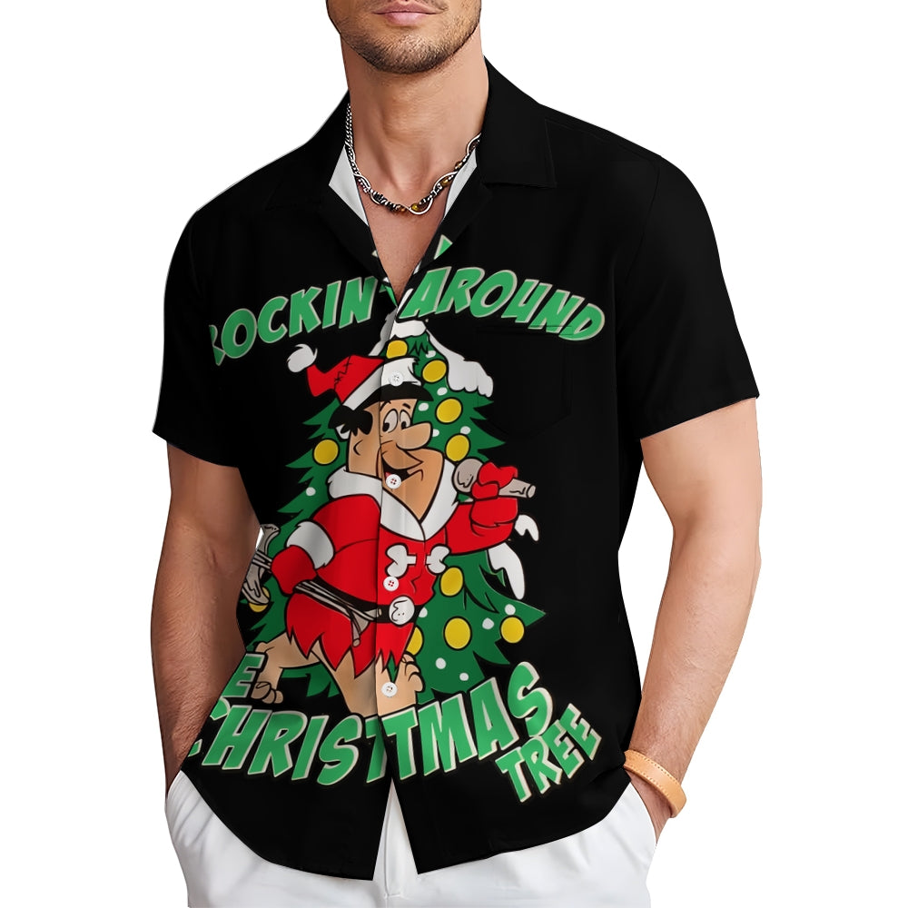 Retro Comic Christmas Print Short Sleeve Shirt