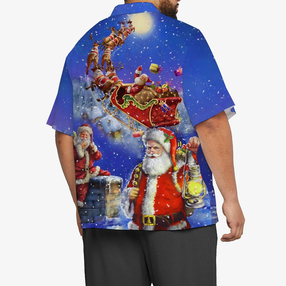 Christmas Santa Print Chest Pocket Hawaiian Shirt