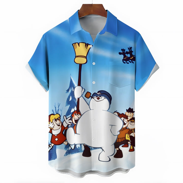 Christmas Snowman Chest Pocket Casual Short Sleeve Shirt