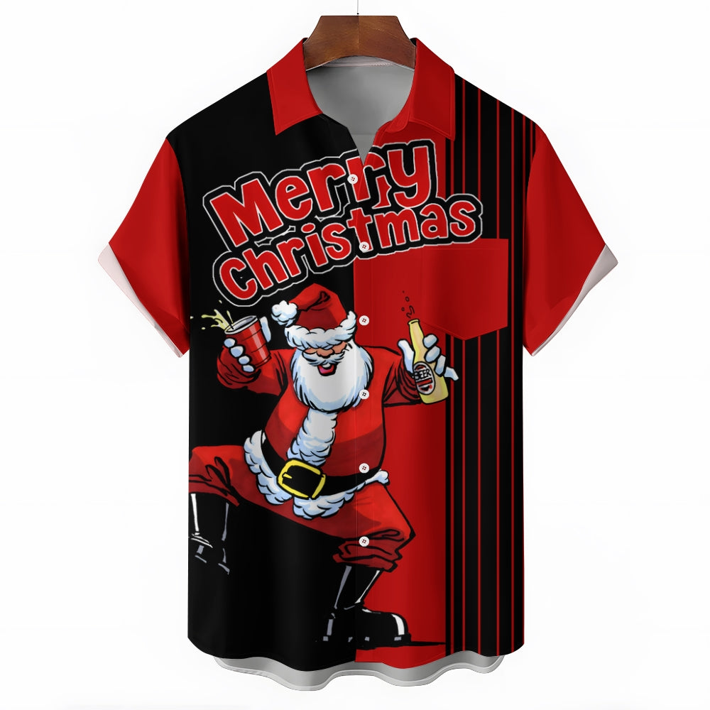 Men's Drink With Father Christmas Printed Short Sleeve Shirt