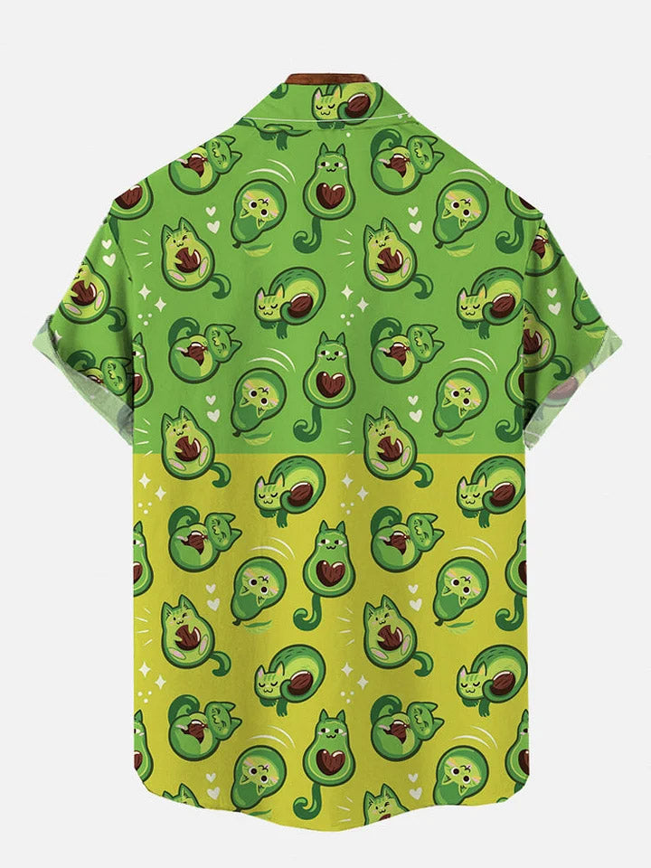 Green Cartoon Avocado Cat Pattern Short-Sleeved Shirt