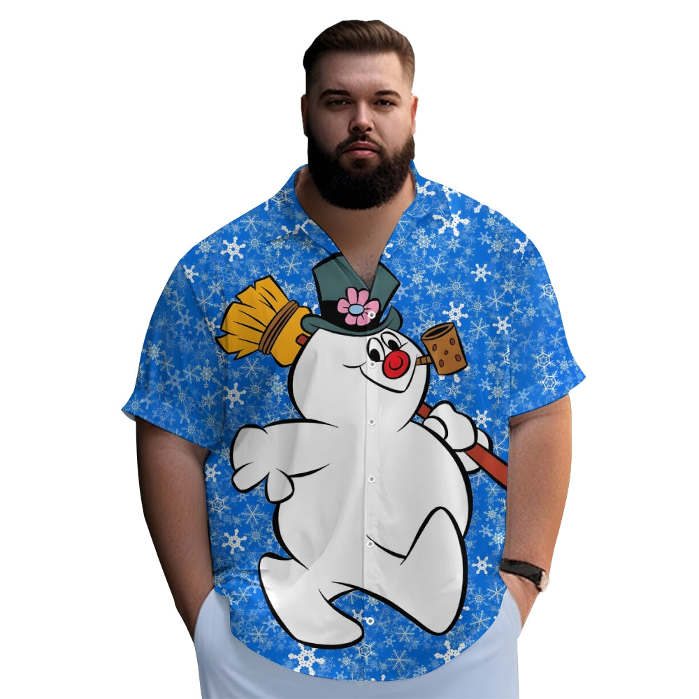 Christmas Snowman Cartoon Print Men's Button Pocket Short Sleeve Shirt 2411007831