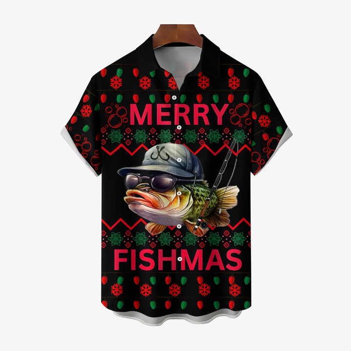 Merry Fishmas Fishing Printing Short Sleeve Shirt 2411007705