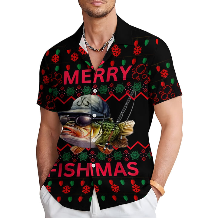 Merry Fishmas Fishing Printing Short Sleeve Shirt 2411007705