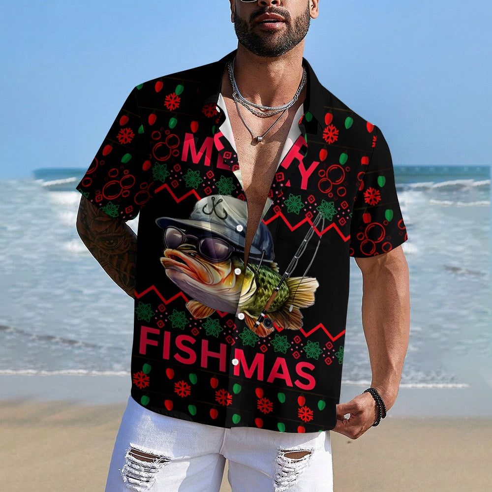 Merry Fishmas Fishing Printing Short Sleeve Shirt 2411007705