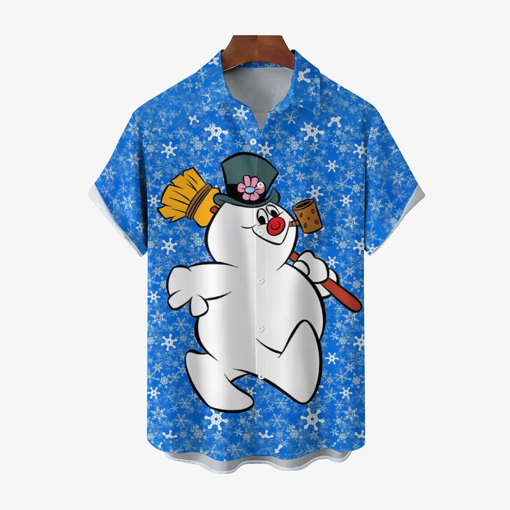 Christmas Snowman Cartoon Print Men's Button Pocket Short Sleeve Shirt 2411007831