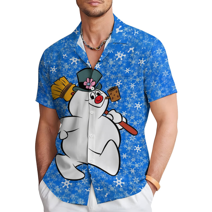 Christmas Snowman Cartoon Print Men's Button Pocket Short Sleeve Shirt 2411007831