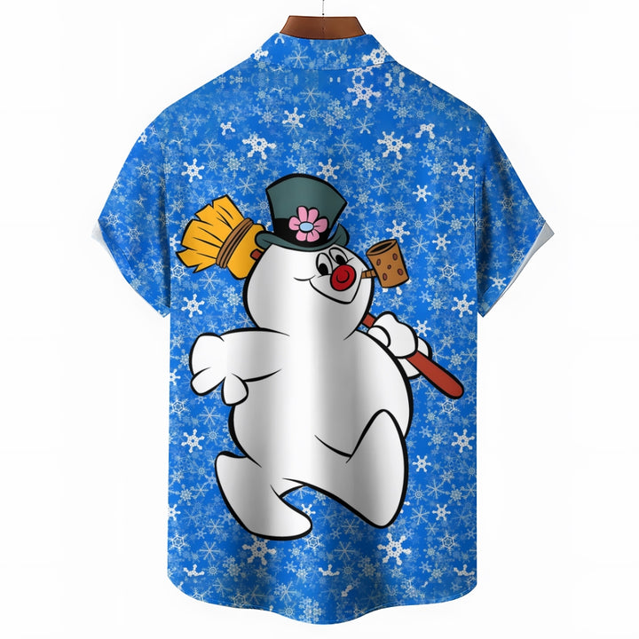 Christmas Snowman Cartoon Print Men's Button Pocket Short Sleeve Shirt 2411007831