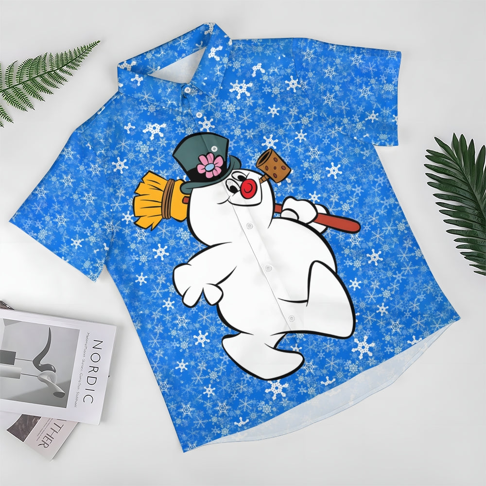 Christmas Snowman Cartoon Print Men's Button Pocket Short Sleeve Shirt 2411007831