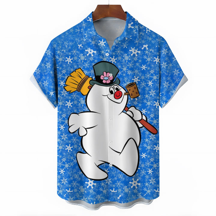 Christmas Snowman Cartoon Print Men's Button Pocket Short Sleeve Shirt 2411007831