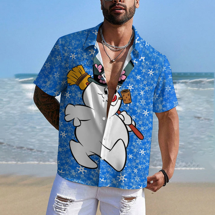 Christmas Snowman Cartoon Print Men's Button Pocket Short Sleeve Shirt 2411007831