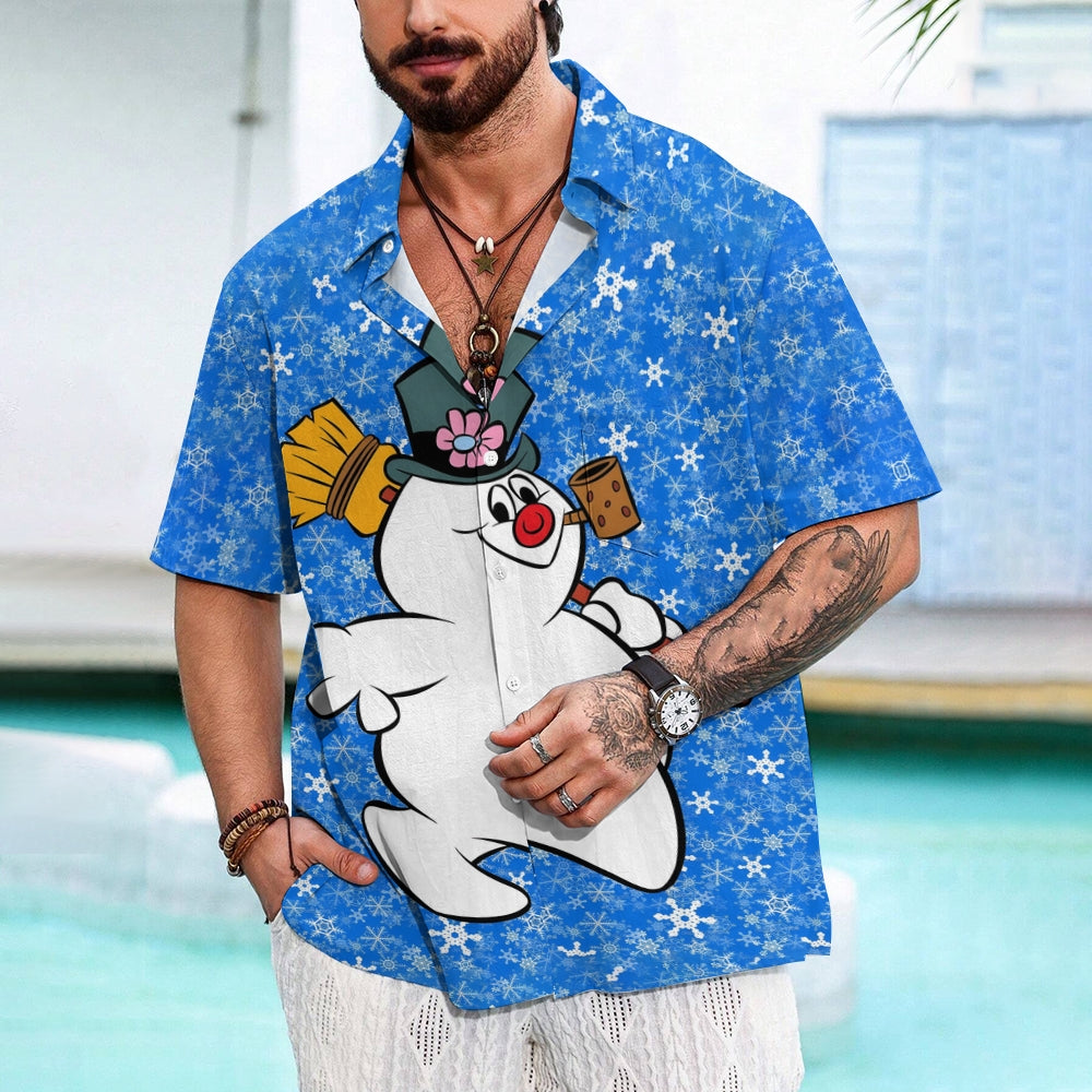 Christmas Snowman Cartoon Print Men's Button Pocket Short Sleeve Shirt 2411007831