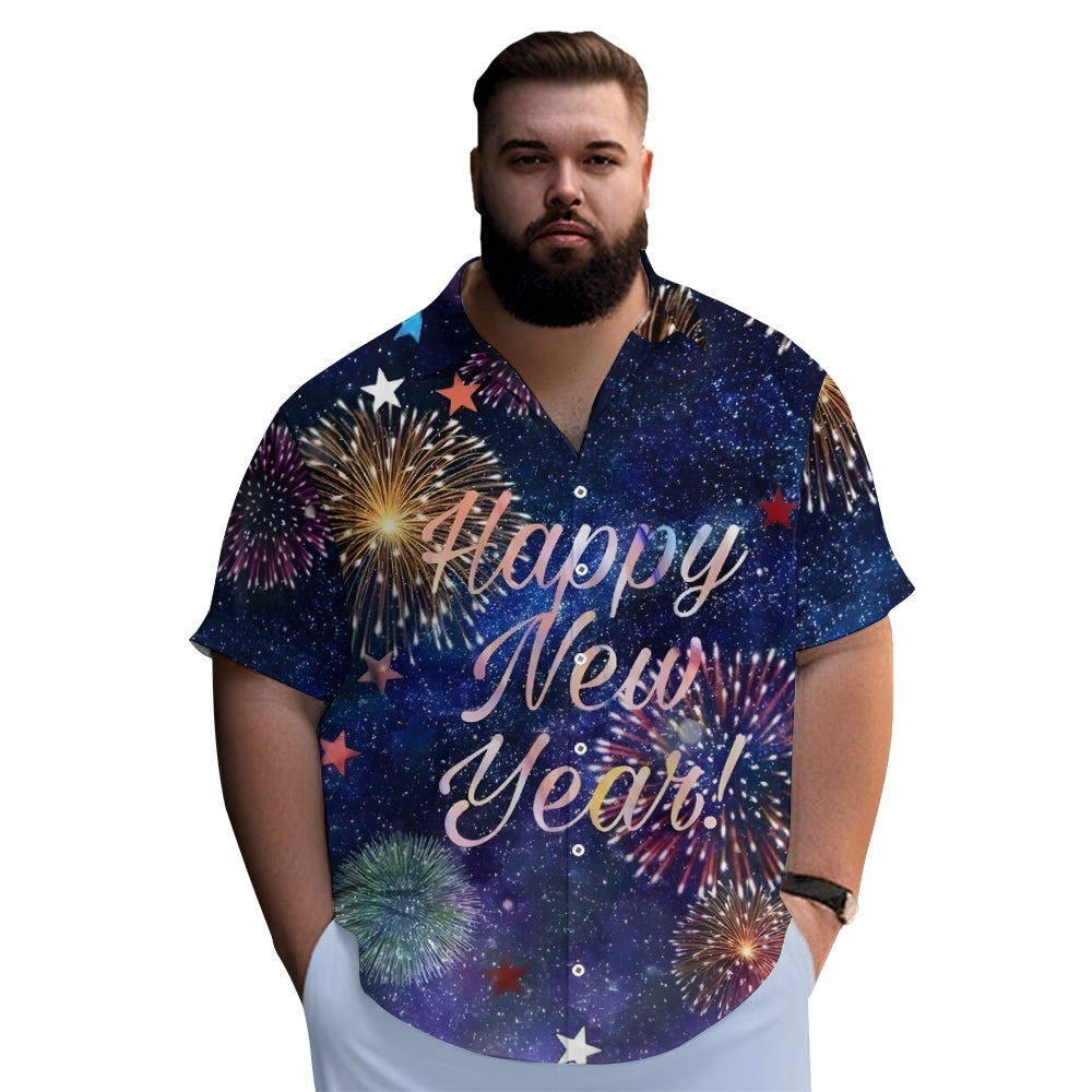 Happy New Year Fireworks Print Casual Short Sleeve Shirt 2410009056