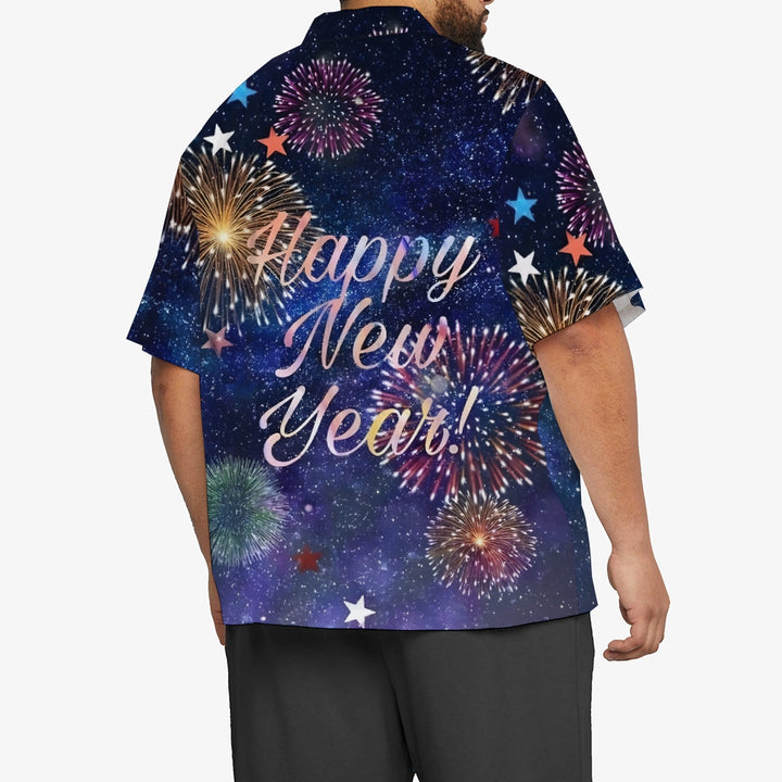 Happy New Year Fireworks Print Casual Short Sleeve Shirt 2410009056