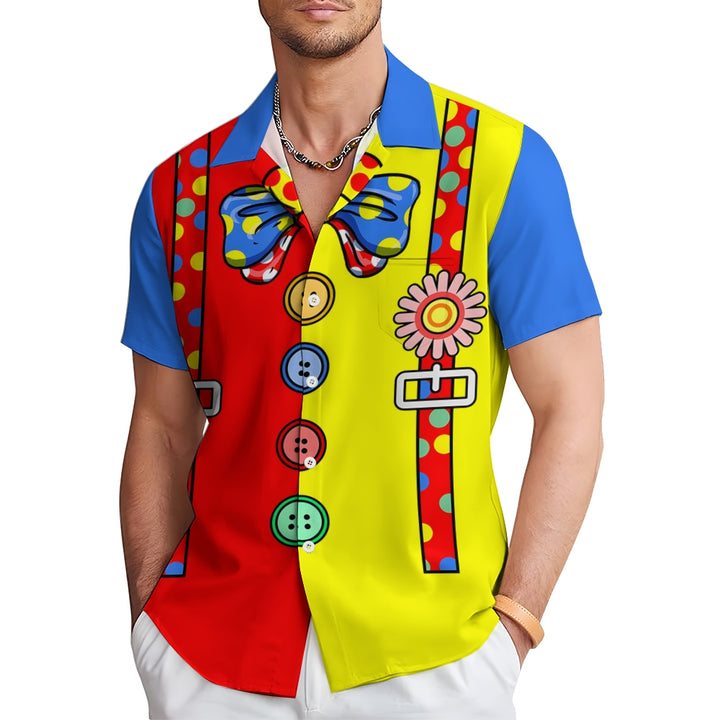 Yellow And Red Stitching Clown Suspenders Costume Printing Shirt 2411008503