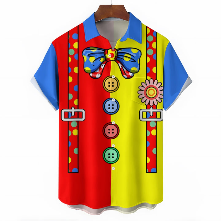 Yellow And Red Stitching Clown Suspenders Costume Printing Shirt 2411008503