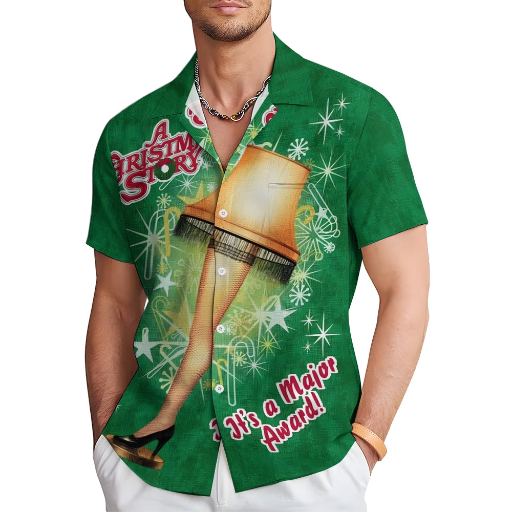 Christmas Leg Light Chest Pocket Casual Short Sleeve Shirt 2411008663