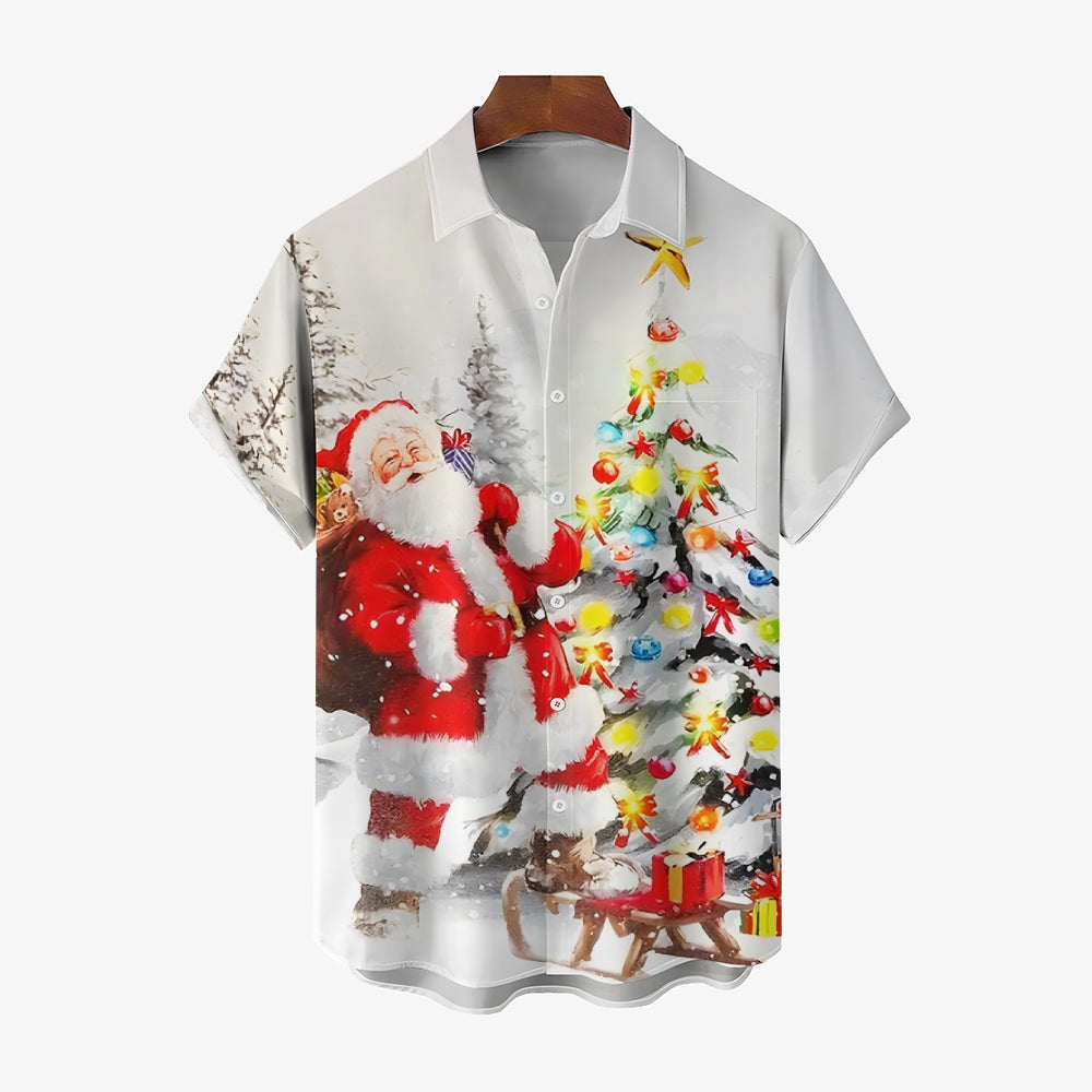 Christmas Christmas Tree Holiday Button Pocket Short Sleeve Shirt 2411009225