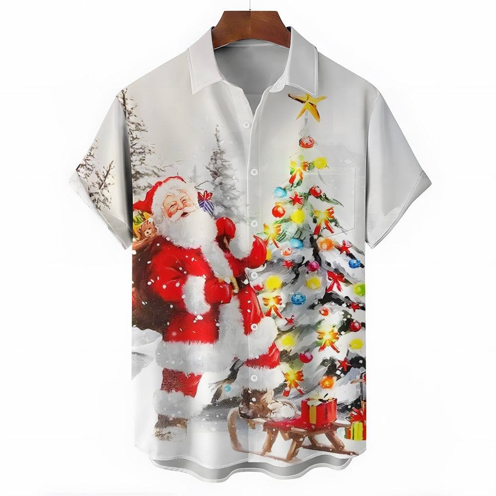 Christmas Christmas Tree Holiday Button Pocket Short Sleeve Shirt 2411009225