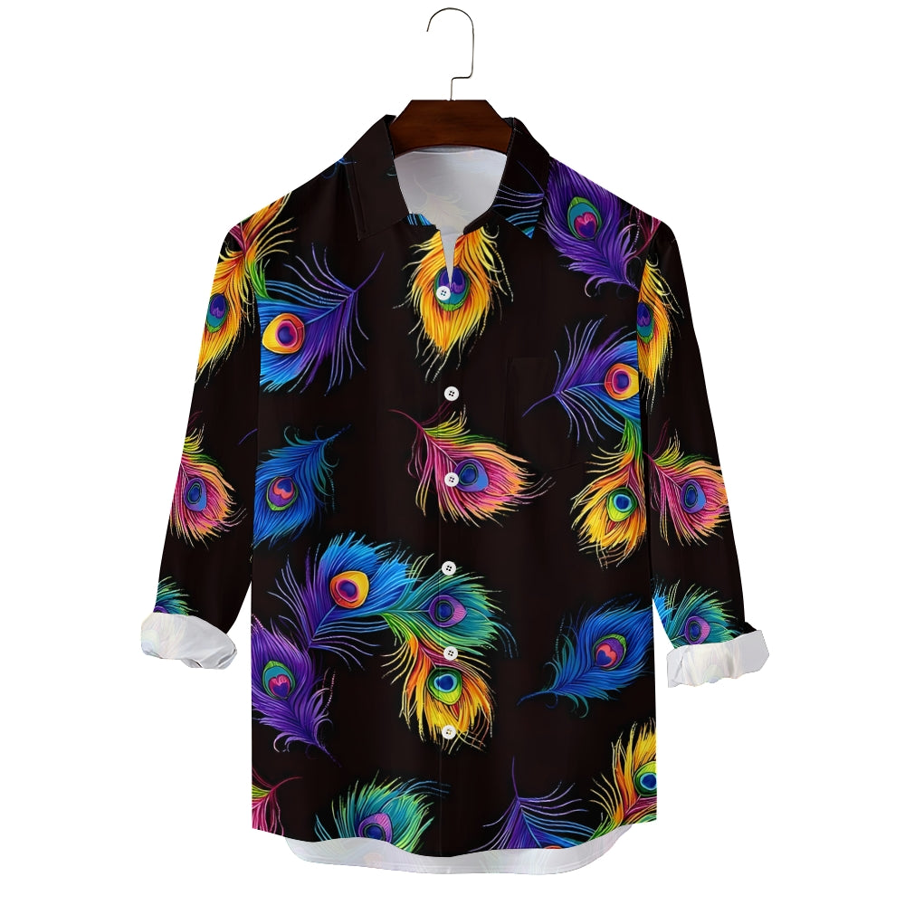 Men's Rainbow Peacock Feather Print Casual Vacation Long Sleeve Shirt 2411009245