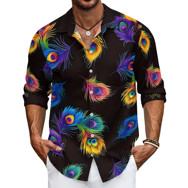 Men's Rainbow Peacock Feather Print Casual Vacation Long Sleeve Shirt 2411009245