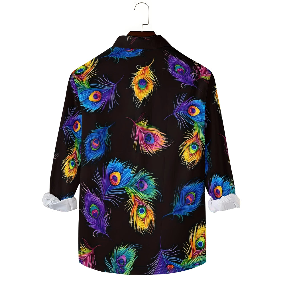 Men's Rainbow Peacock Feather Print Casual Vacation Long Sleeve Shirt 2411009245