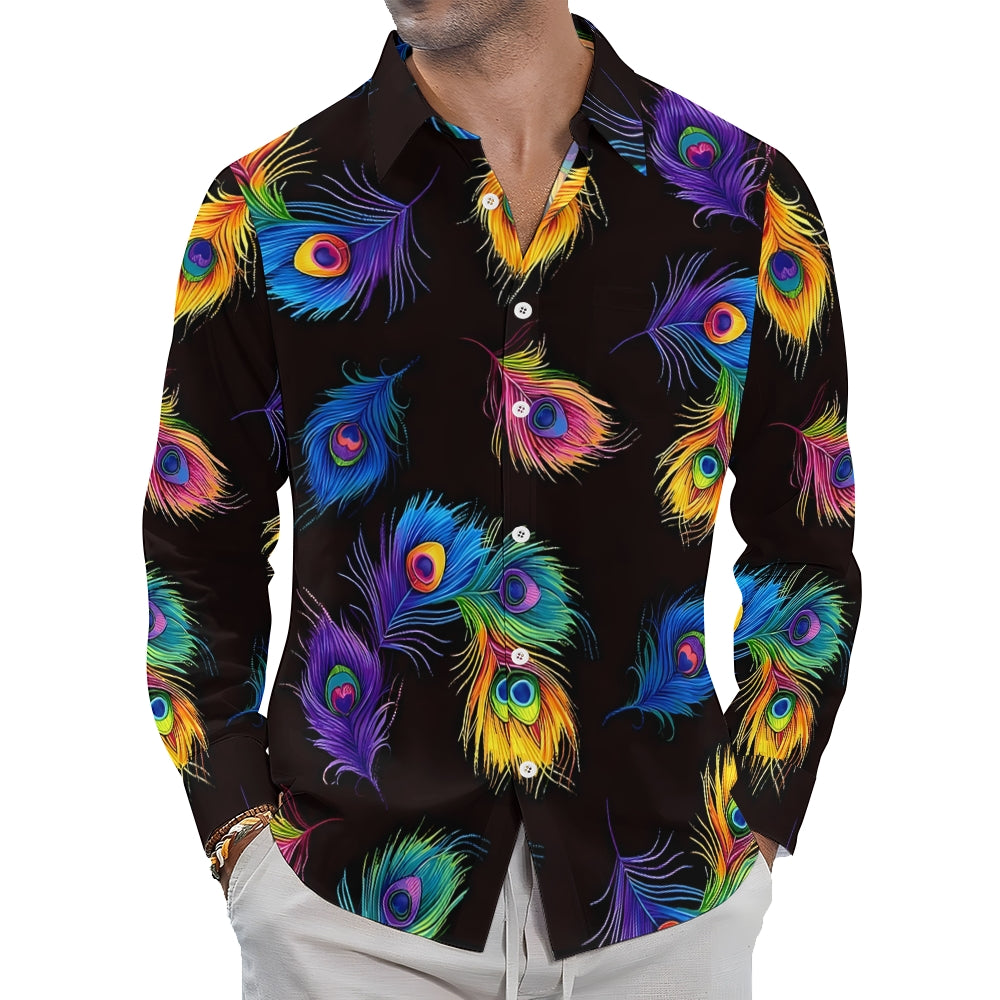 Men's Rainbow Peacock Feather Print Casual Vacation Long Sleeve Shirt 2411009245