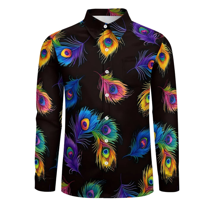 Men's Rainbow Peacock Feather Print Casual Vacation Long Sleeve Shirt 2411009245