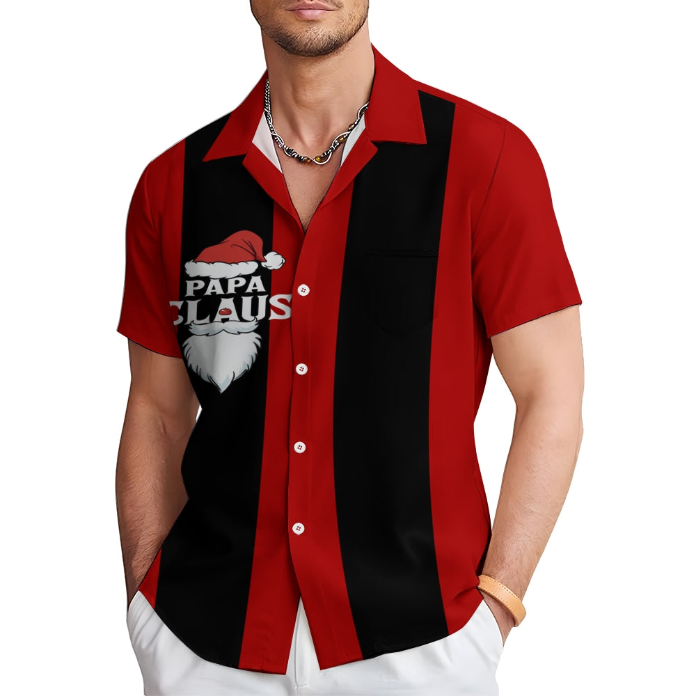 Men's Red and Black Striped Christmas Father Cartoon Short Sleeve Shirt 2411009339