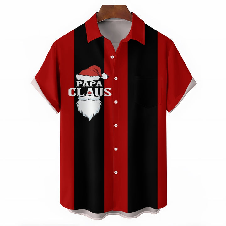 Men's Red and Black Striped Christmas Father Cartoon Short Sleeve Shirt 2411009339