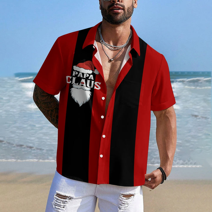 Men's Red and Black Striped Christmas Father Cartoon Short Sleeve Shirt 2411009339