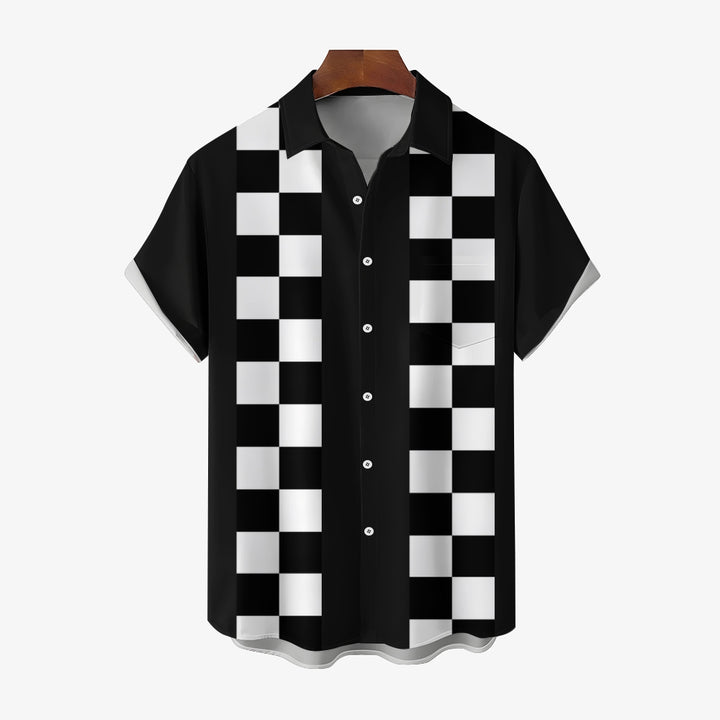 Geometric Black And White Checkered Bowling Shirt 2411009775